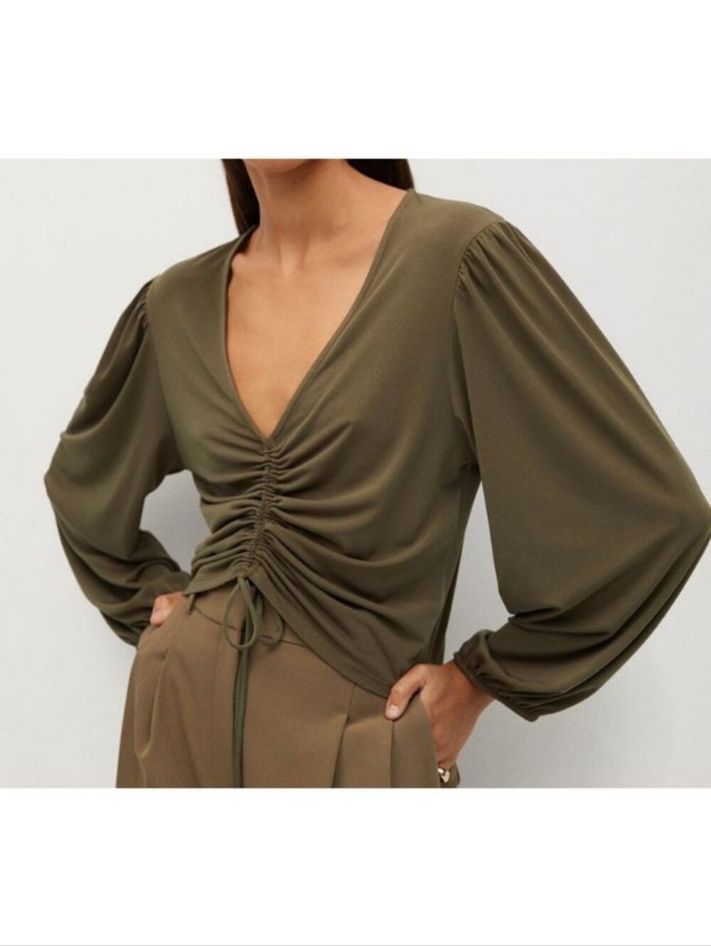 Mango Ruched V-Neck Long Sleeve Top in Olive